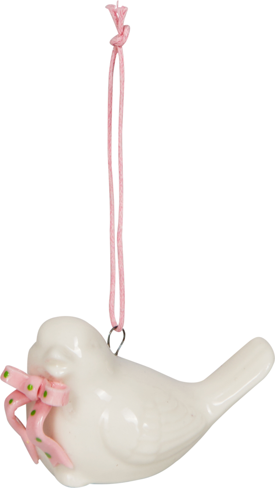 Weißer Keramikvogel mit rosa Schleife unter dem Schnabel und Aufhängeband.