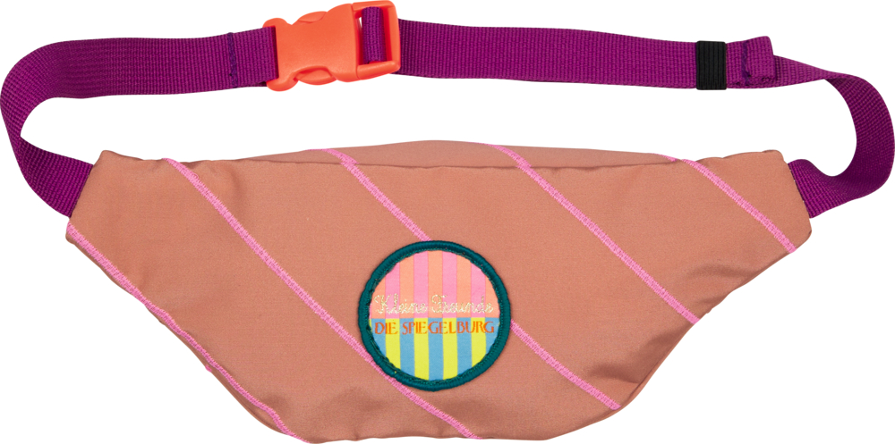 Rosa Bauchtasche mit gestreiftem Patch und orangefarbener Schnalle, diagonale pinke Streifen.