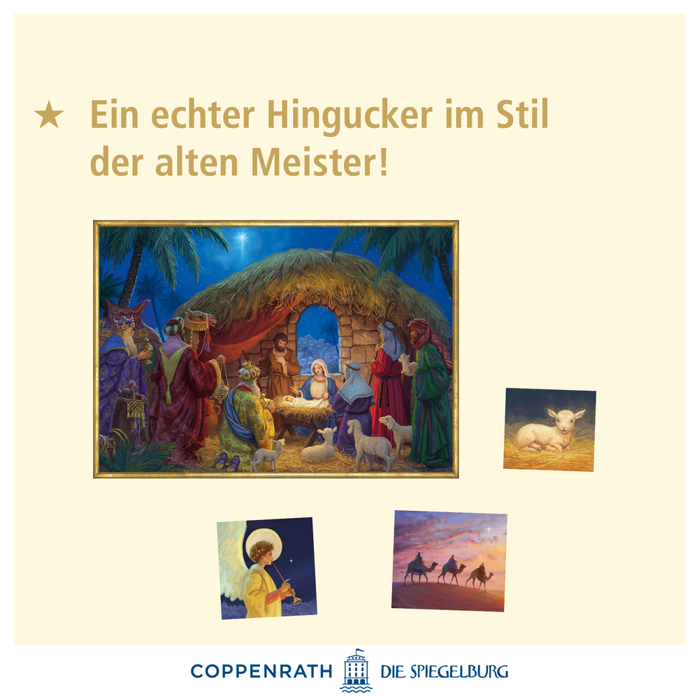 Weihnachtskrippe: Maria, Josef, Jesuskind, Tiere, Engel darüber, drei kleinere Bilder darunter.