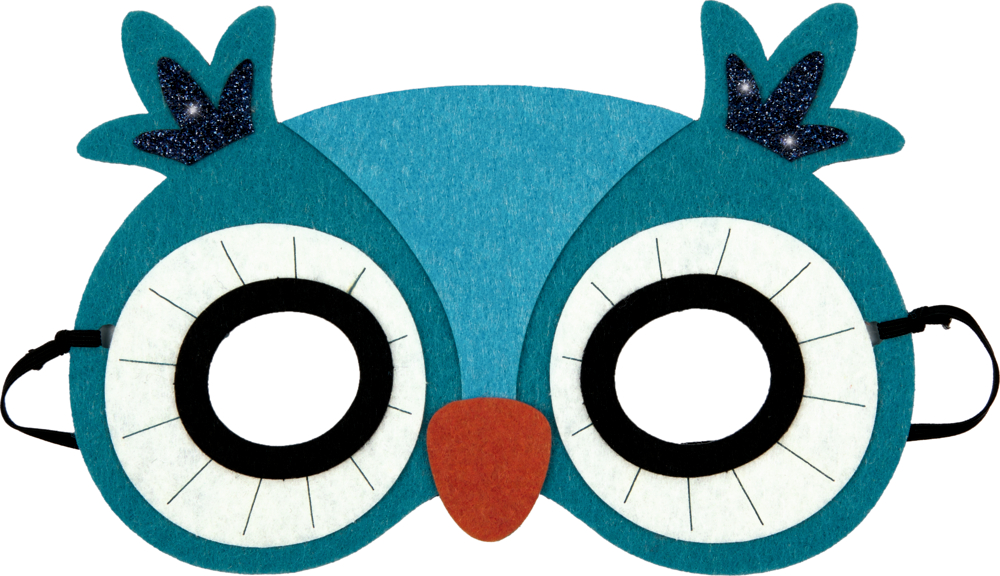 Blaue Filzmaske in Eulenform mit großen weißen Augen, schwarzen Umrandungen und orangefarbenem Schnabel in der Mitte.