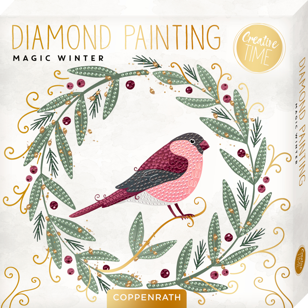 Verpackung des Diamond-Painting-Sets mit rosa-schwarzem Vogel in einem festlichen Kranz aus Blättern und roten Beeren.