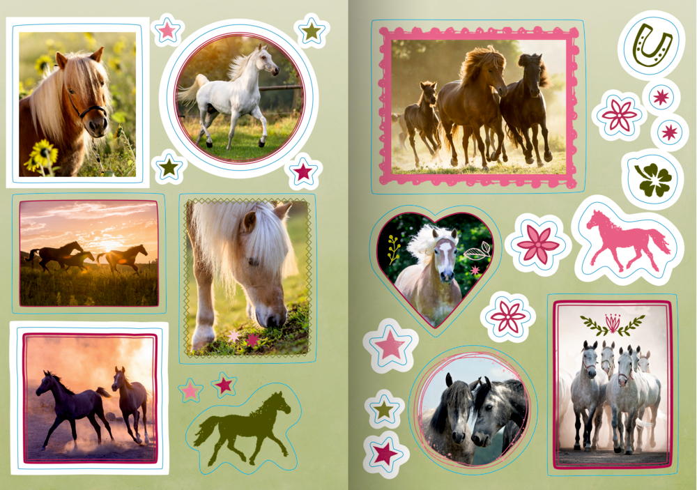 Innenseiten des Stickerhafts mit Pferdefotos und farbenfrohen Aufklebern – Sterne, Hufeisen, Blumen und Pferde.