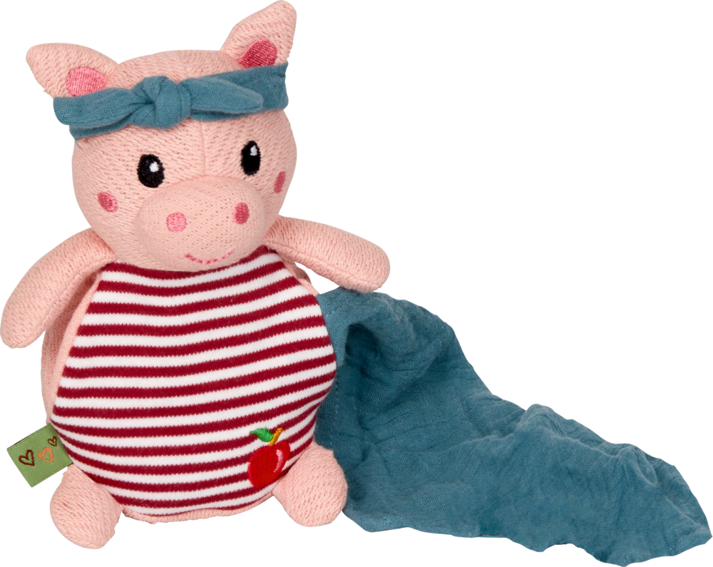 Kuscheltier mit Schnuffeltuch Schwein - Little Wonder Stoffschwein mit blauem Stirnband, rot gestreiftem Hemd und angenähtem blauen tuch.