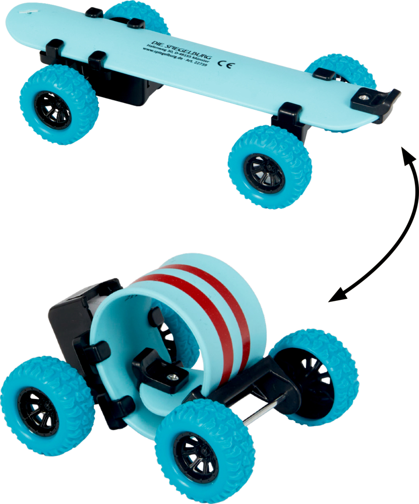 Blaues Skateboard-Schnapparmband verwandelt sich vom Skateboard in eine Ringform, beide mit vier Rädern.