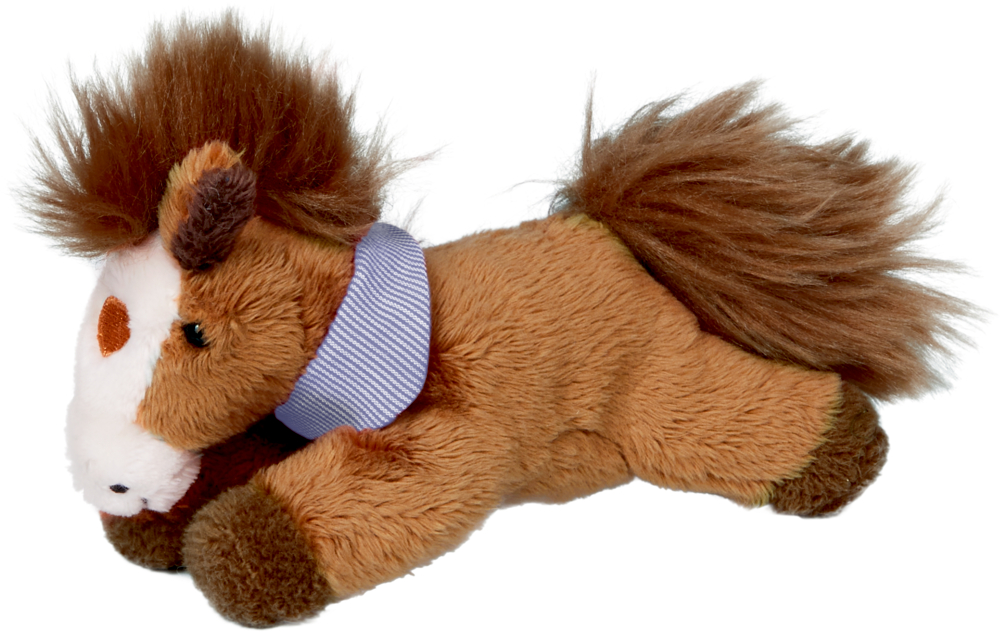 dunkelbraun (blaues Halstuch), Beanie Ed. 2 Mein kleiner Ponyhof Braunes Plüschpferd mit flauschiger Mähne und Schweif, blau gestreiftes Halsband, liegend.