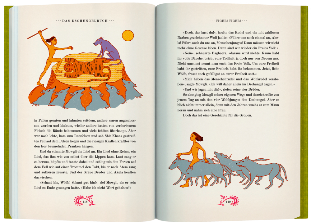 Illustrierte Buchseiten zeigen einen Jungen mit Wölfen und einem Tiger, begleitet von Text und bunten Zeichnungen.