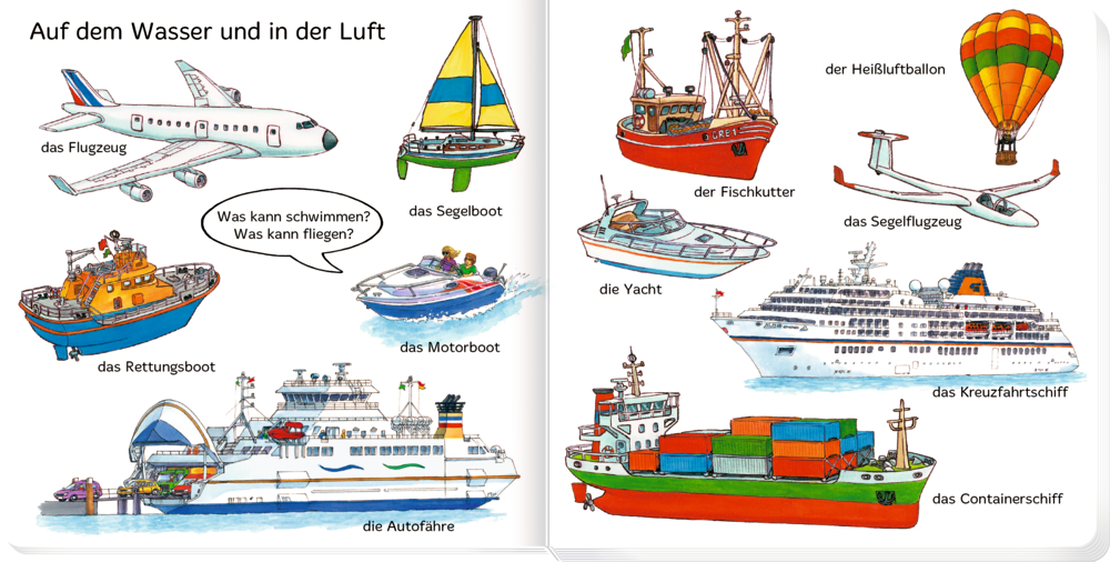 Verschiedene Wasser- und Luftfahrzeuge, darunter Flugzeuge, Heißluftballons, Boote, Fähren und Kreuzfahrtschiffe mit Bezeichnungen auf einer weißen Seite.