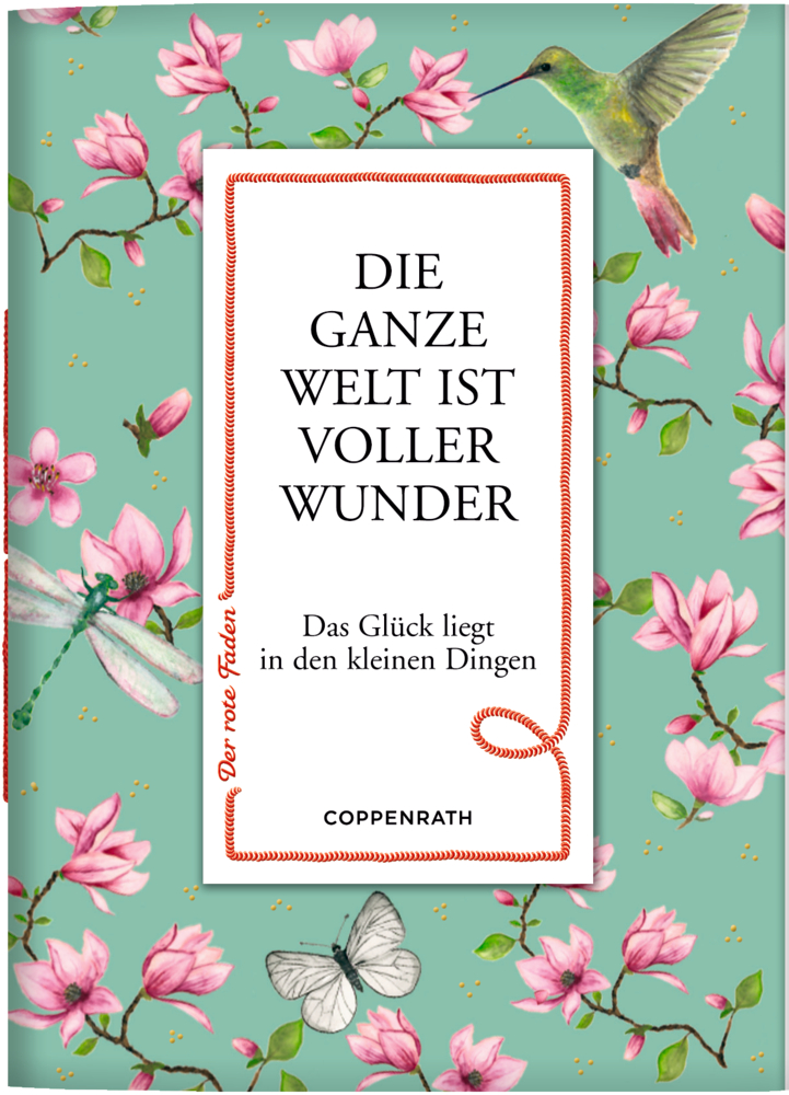 Floraler Buchumschlag mit einer Libelle und einem Kolibri auf grünem Hintergrund, mit Text in der Mitte.
