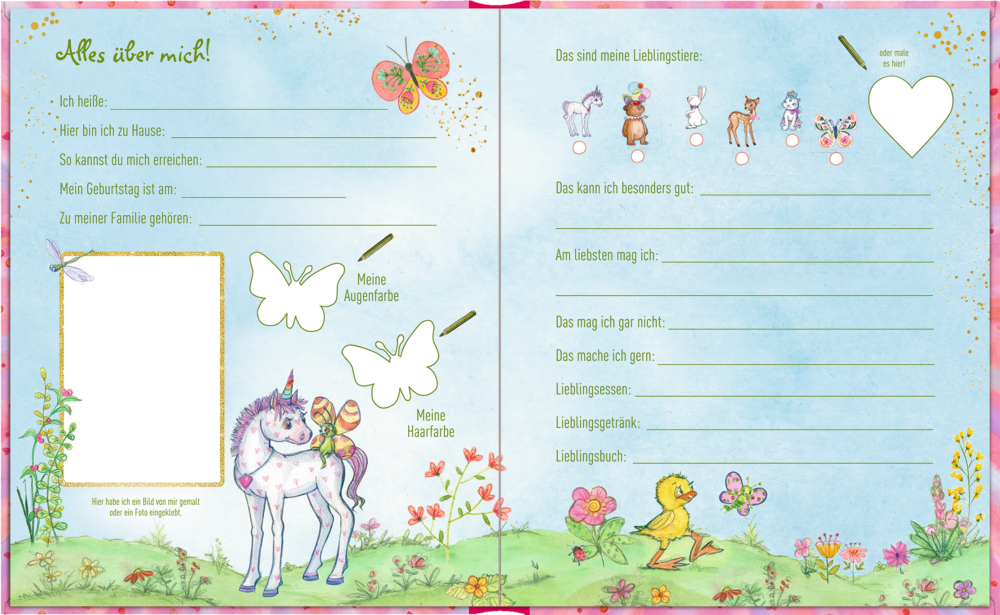Bunte Buchinnenseite mit Einhörnern, Blumen und Feldern zum Ausfüllen persönlicher Angaben.