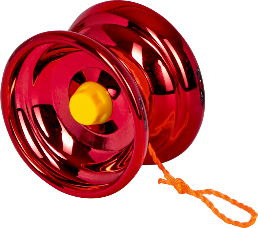 Ein glänzendes rotes Yo-Yo mit gelber Mitte und befestigter oranger Schnur.