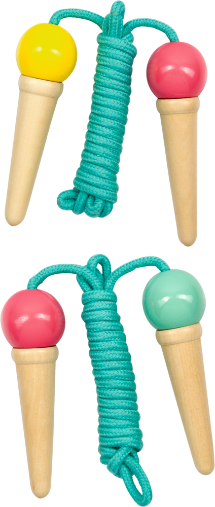 Zwei bunte Holzspringseile mit türkisfarbenen Griffen und Kordeln liegen nebeneinander.