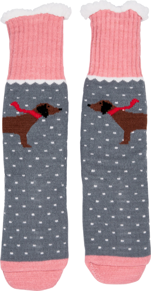 Graue Socken mit rosa Bündchen und Spitzen, weißem Punktmuster und braunem Dackel mit rotem Schal.
