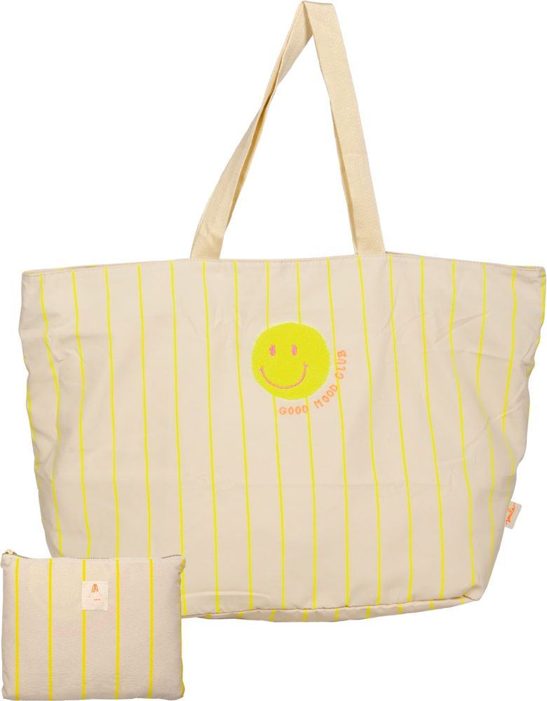 Beigefarbener Shopper mit gelben Streifen, Smiley-Gesicht und "Good Mood Club"-Schriftzug, dazu passendes kleines Täschchen.