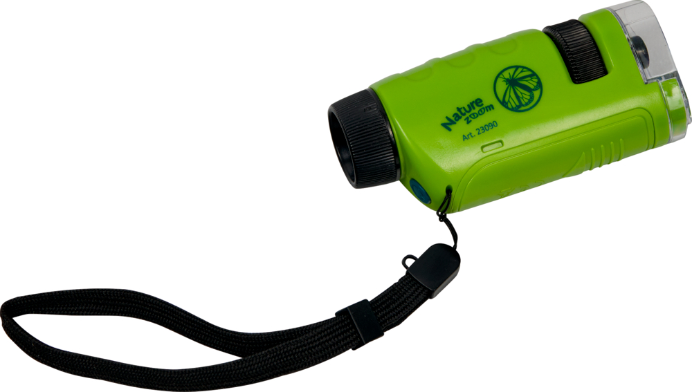 Grünes Handmikroskop mit schwarzer Handschlaufe und dem Aufdruck Nature Zoom an der Seite.