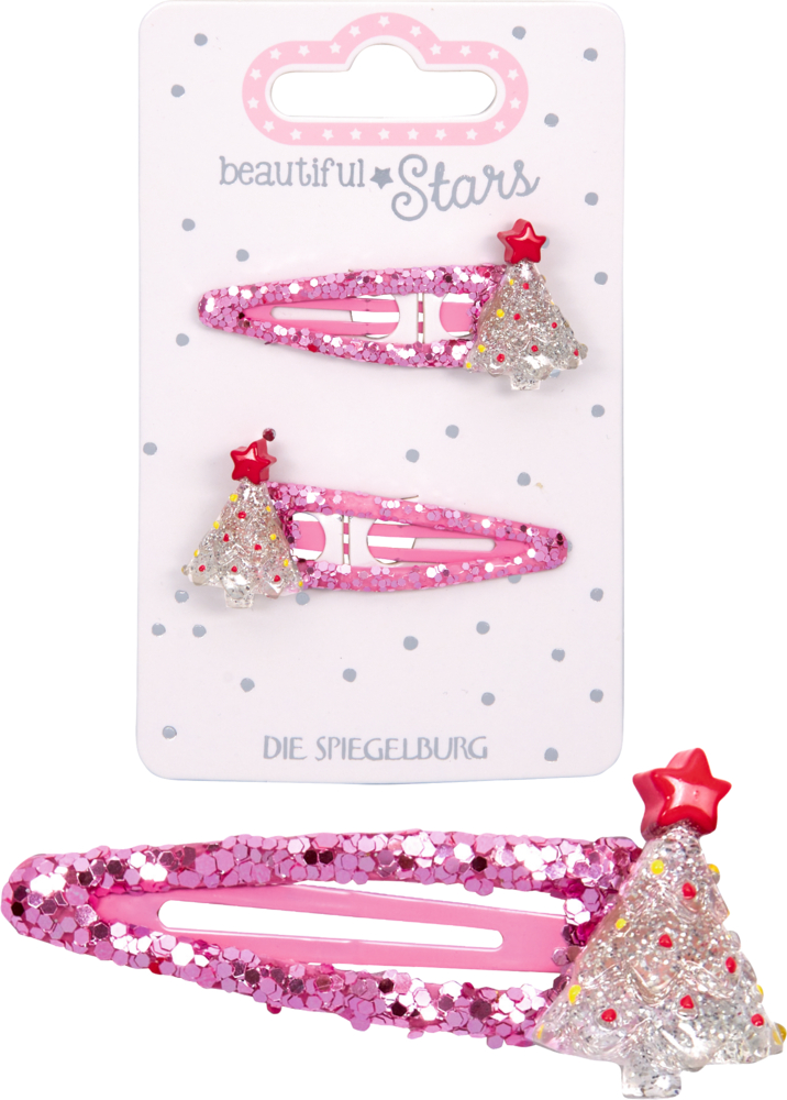 Eine pinke Haarspange mit Glitzer und silbernem Tannenbaum rotem Stern als Dekor, dadrüber zwei Haarspangen auf der Produktverpackung.