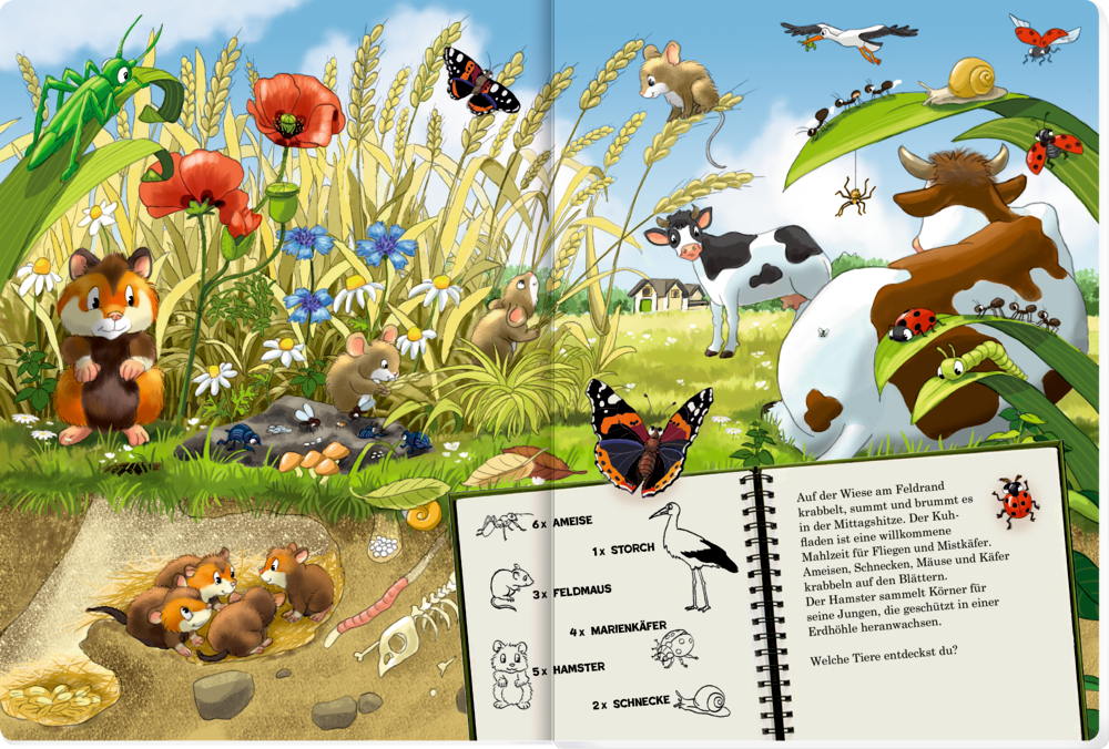 Illustriertes-Feld mit Hamstern, Mäusen, Insekten, Schmetterlingen, einer Kuh, Blumen und einem offenen Buch im Vordergrund, einer Doppelseite.