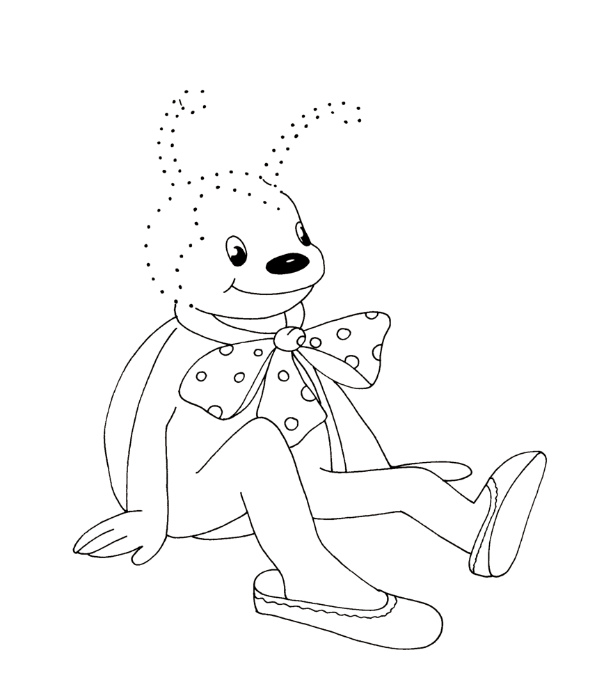 Sitzender Käfer mit großer Schleife und Schuhen, gepunktete Linie auf dem Kopf zum Ausmalen oder Verbinden der Punkte.