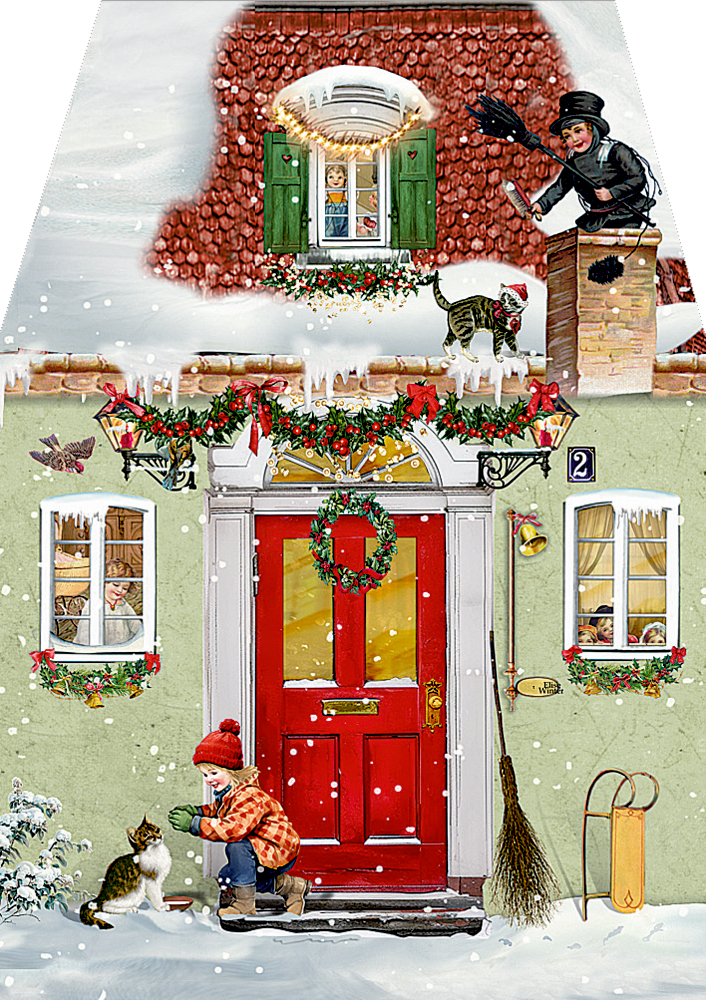 Winterlich geschmücktes Haus mit roter Tür, spielendem Kind und Katze im Schnee, Menschen an den Fenstern, Schornsteinfeger auf dem Dach.