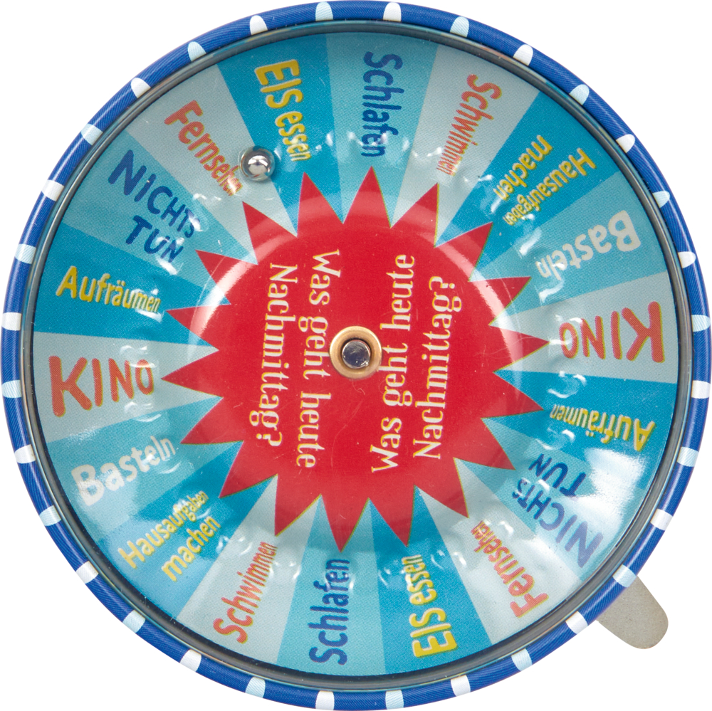 Buntes Glücksrad mit Aktivitätswörtern wie Kino, Eis essen und Schlafen.