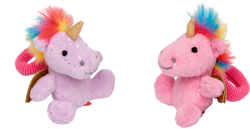 Haargummi mit Plüscheinhorn - Einhorn-Paradies Zwei Plüscheinhörner an pinken Zopfgummis mit Regenbogenmähne und goldenen Flügeln.