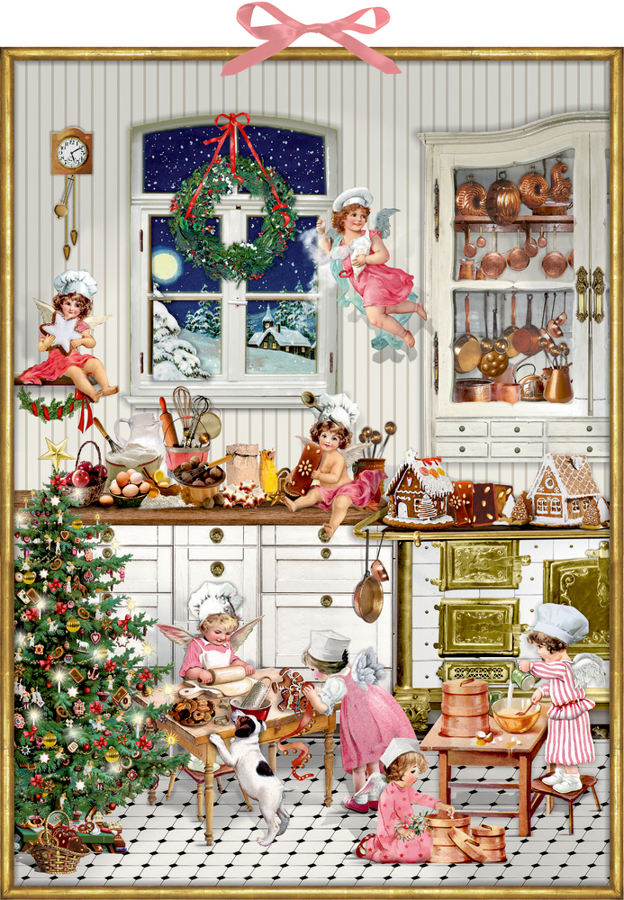 Nostalgische Weihnachtsbäckerei, Zettel-Adventskalender (Behr) Kinder und Engel backen in einer festlichen Küche mit Weihnachtsbaum und Blick auf das verschneite Fenster.