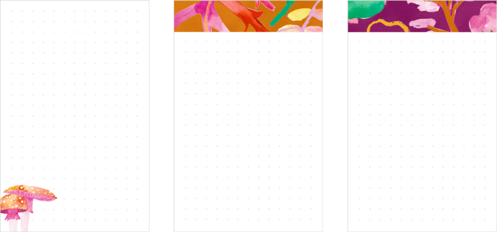 Drei gepunktete Blätter der NotizbÃ¼cher: eines mit Pilzen, eines mit orangefarbenen Blumen und eines mit lila und rosa Blumen am Rand.