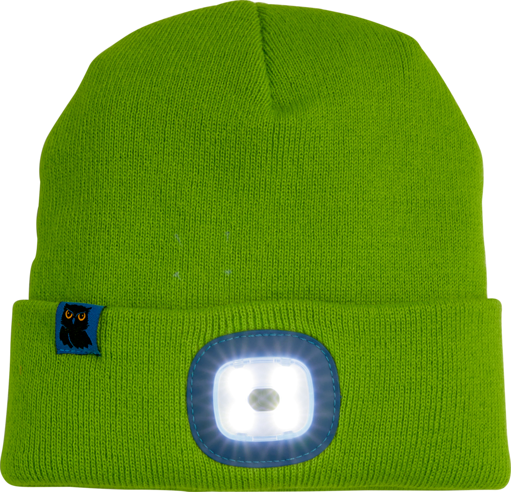Mütze mit LED - Nature Zoom (one size) Hellgrüne Strickmütze mit Eulenaufnäher und integriertem LED-Licht auf der Vorderseite.