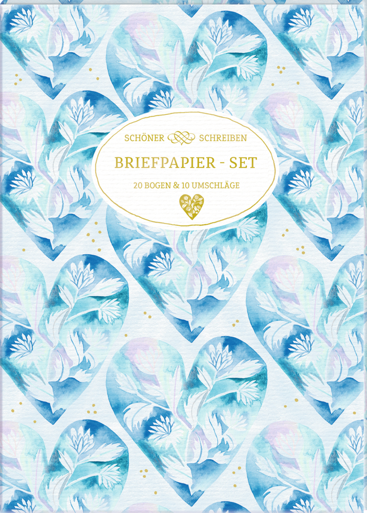 Briefpapier-Set - All about blue Hellblauer floraler Herzhintergrund mit goldenem ovalem Etikett: Briefpapier-Set, 20 Bogen & 10 Umschläge.