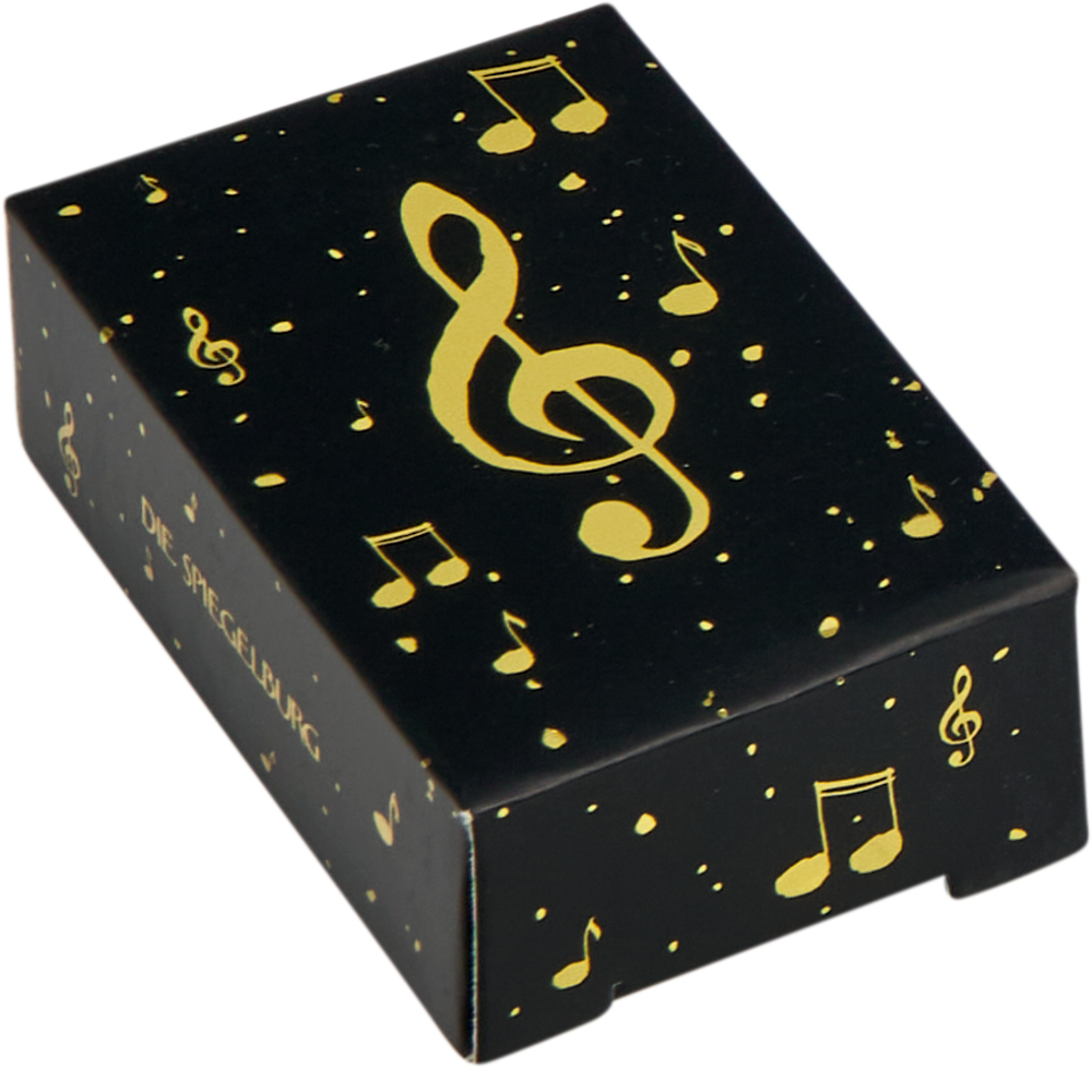 Schwarze Box mit gelben Musiknoten und großem Violinschlüssel auf der Oberseite.