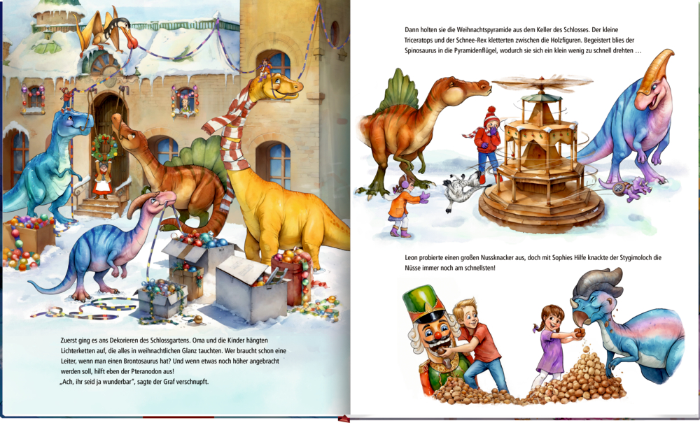 Kinder und Dinosaurier fahren fröhlich Schlitten, bauen Schneemänner und spielen zusammen auf schneebedeckten Hügeln.