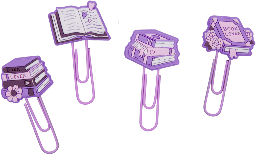 Vier lilafarbene Büroklammern mit Buchmotiven und Aufschrift „Book Lover“ in verschiedenen Varianten.