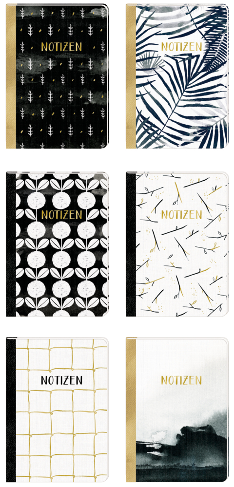 Sechs Notizbücher mit „Notizen“-Aufdruck, jeweils mit unterschiedlichen schwarz-goldenen Mustern.