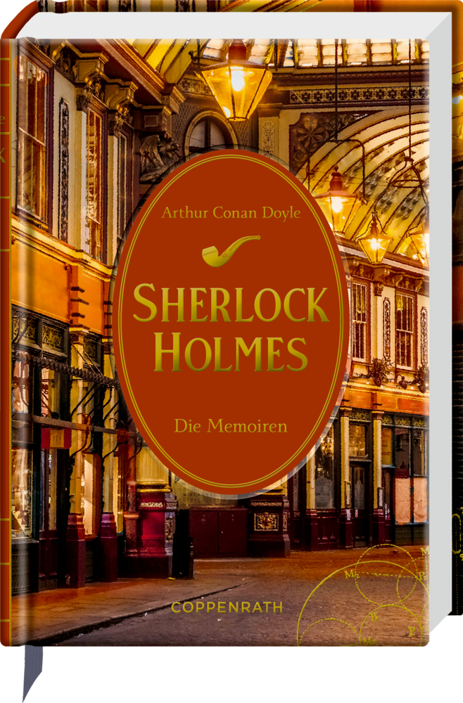 Kleine Schmuckausgabe: Sherlock Holmes (Bd.3) - Die Memoiren Sherlock Holmes: Die Memoiren – Buchcover mit einer beleuchteten viktorianischen Straßenszene mit verzierten Torbögen.