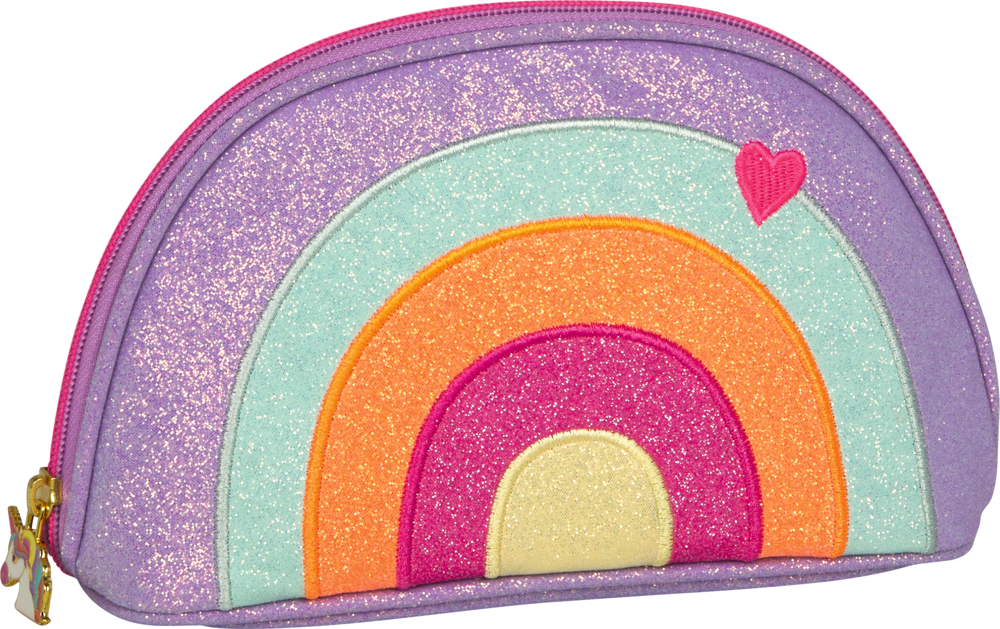 Lila glitzerndes Täschchen mit Regenbogenmotiv und kleinem rosa Herz in einer Ecke.