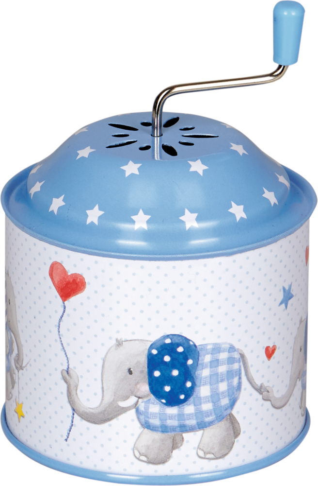 Spieluhrdose Elefant BabyGlück, hellblau Blau-weiße Spieluhr mit Elefanten, Sternen und einer Handkurbel oben.