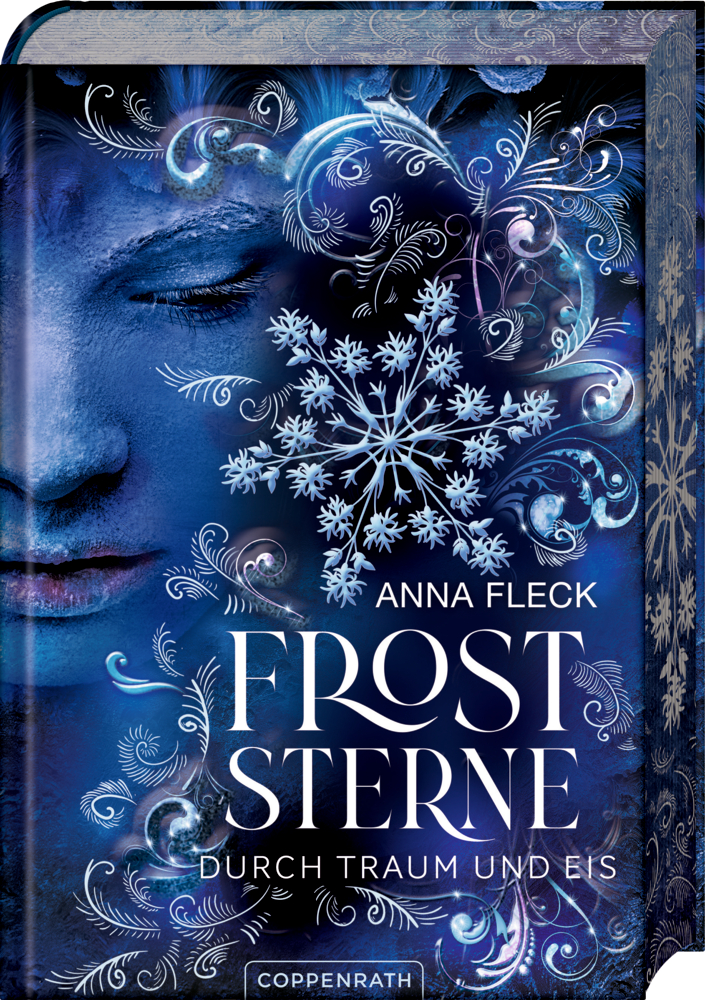 Froststerne (Bd. 2/Romantasy-Trilogie) - Durch Traum und Eis Blauer Buchcover mit einer Schneeflocke und dem Titel „Froststerne“ von Anna Fleck.