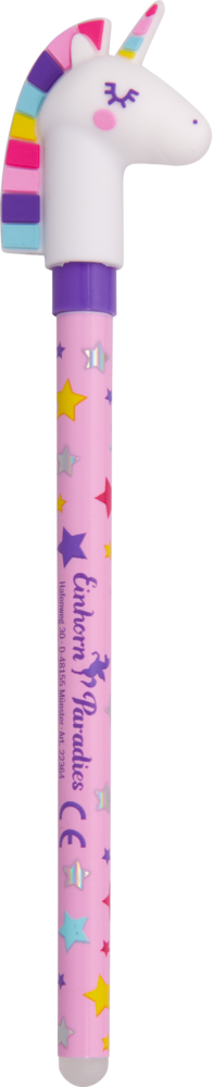 Radierbarer Gelstift - Einhorn-Paradies Rosa Bleistift mit einem Einhorntopper mit Regenbogenmähne und bunten Sternen.