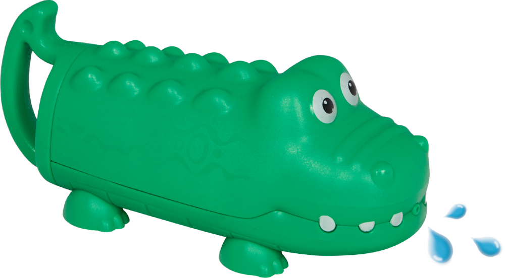 Grünes Kunststoffspielzeug Krokodil versprüht Wasser aus dem Maul, hat große Cartoon-Augen und verspieltes Design.