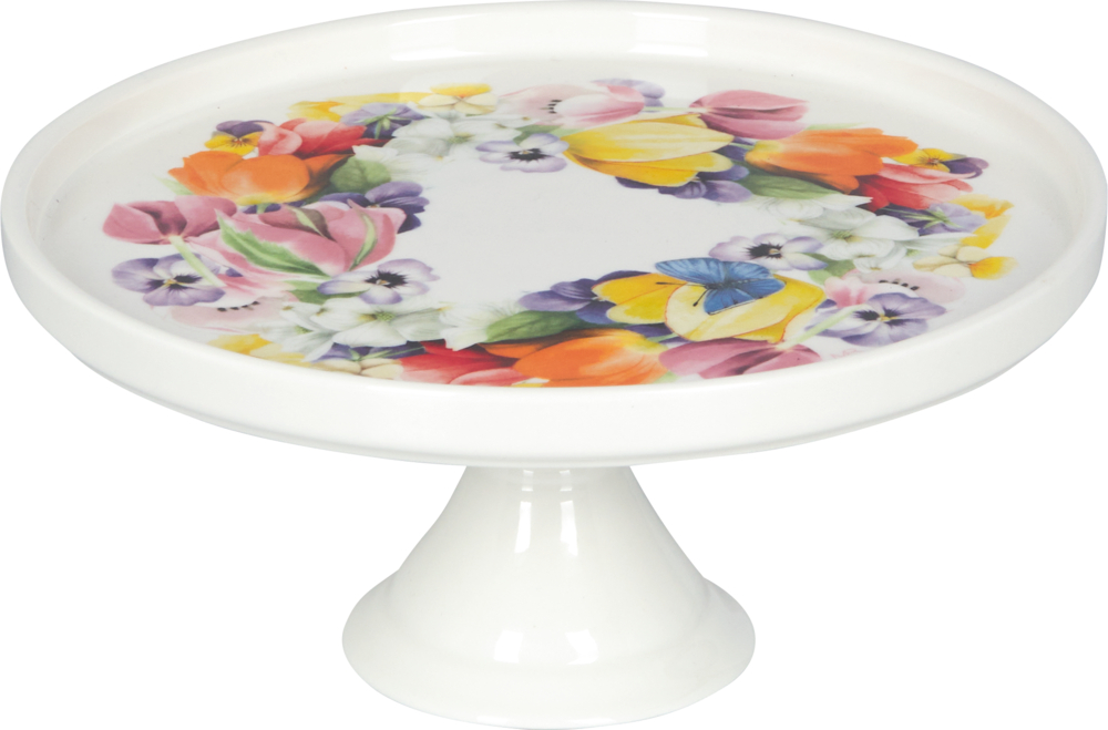 Weiße Tortenplatte mit Sockel, bunte Blumenmuster auf der oberen Fläche.