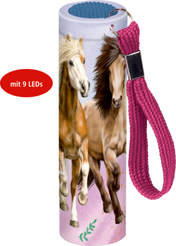 Taschenlampe mit Pferdemotiven, pinkfarbenem Band, rotem „mit 9 LEDs“-Label auf weißem Hintergrund.