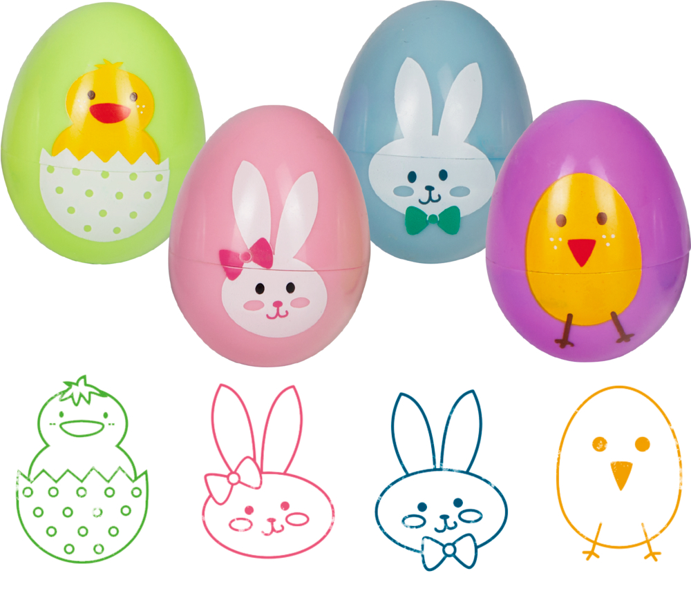 Vier bunte Ostereier-Behälter mit Tiergesichtern, daneben ihre passenden Stempel.