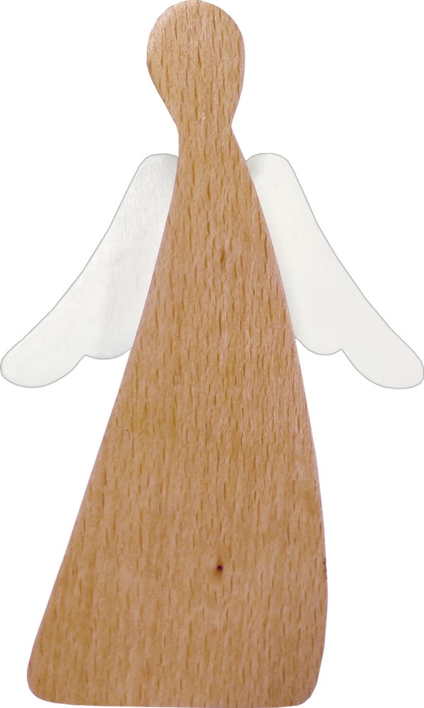 Holzengel - Von guten Mächten Minimalistische Holz-Engelsfigur mit schlichten weißen Flügeln, ohne Gesichtszüge und aufrecht stehend.