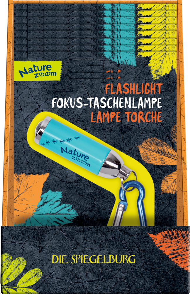 Mehrere Mini-Taschenlampen in Pappdisplay.
