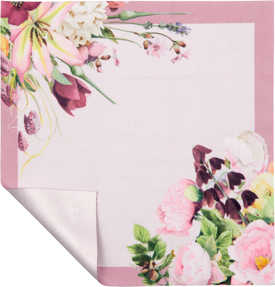 Rosa-weißes Brillenputztuch mit Blumenmuster in zwei Ecken und einer gefalteten Kante.