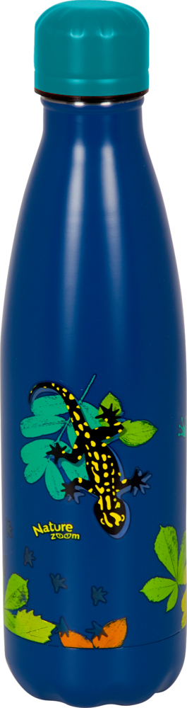 Isolierflasche (ca. 0,5 l) - Nature Zoom "Blaue Wasserflasche mit blaugrünem Deckel, mit einem gelb gefleckten Salamander und grünen Blättern."