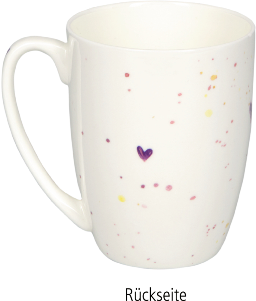 Rückseite: Weiße Tasse mit kleinen roten, gelben und lila Sprenkeln sowie kleinem lila Herz an der Seite.
