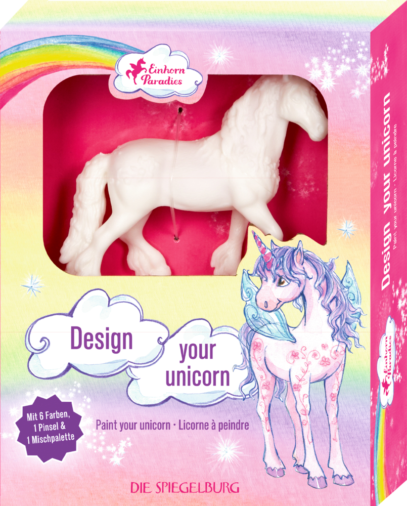 Design your unicorn - Einhorn-Paradies Bunte Schachtel mit einer weißen Einhornfigur im Sichtfenster und einer weiß-violetten Einhornillustration.