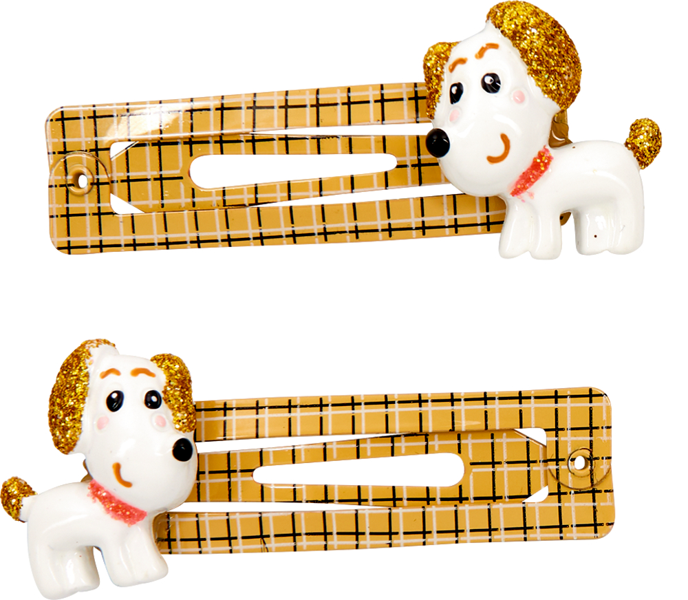 Zwei karierte Haarspangen, jeweils mit einem weißen Hund mit goldenen Glitzerohren und einem roten Halsband.