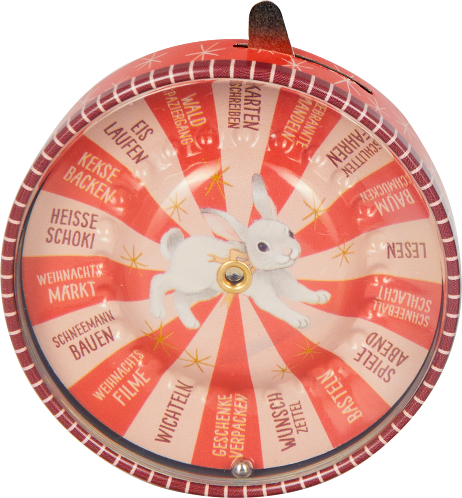 Rotes Entscheidungsroulette aus Blech mit einem weißen Hasen in der Mitte und verschiedenen Winter- und Feiertagsaktivitäten.