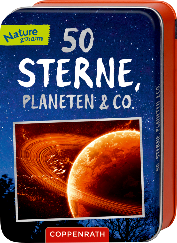 50 Sterne, Planeten & Co. (Nature Zoom) Blechdose mit der Aufschrift „50 Sterne, Planeten & Co“ und der Abbildung eines Ringplaneten im Weltraum.